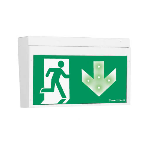 CleverEvac Dynamic Green Exit, Surface Mount, L10 Nanophosphate, Running Man Arrow Down, Single Sided